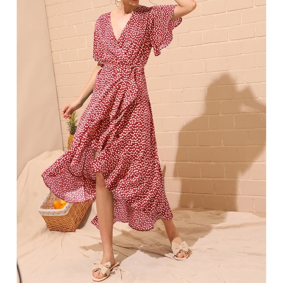 Red Ditsy Floral Summer Ruffle Wrap Maxi Dress - Picture 3 of 6